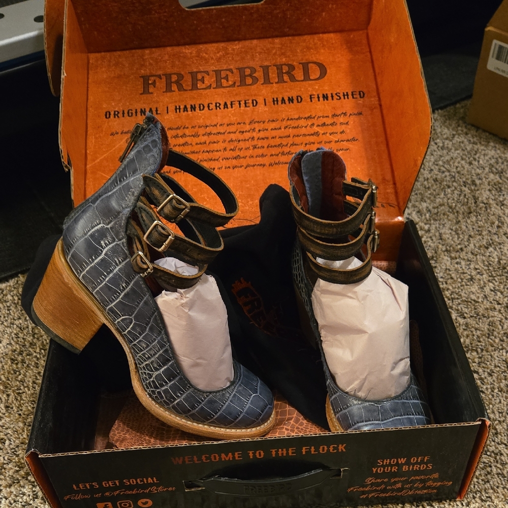 Freebird Blue Croc-Embossed Ankle Boots with Buckles